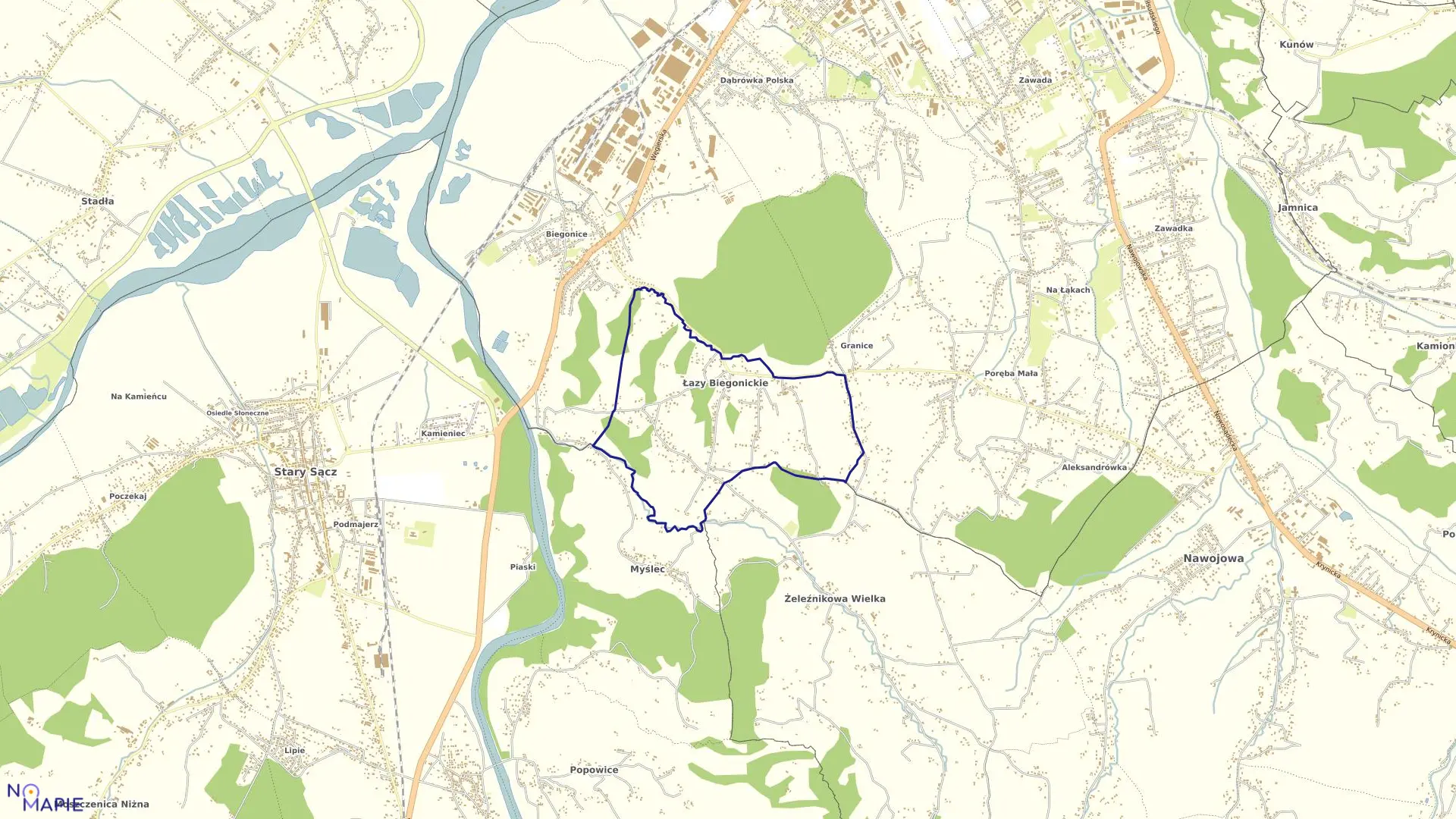 Mapa obrębu Łazy Biegonickie w gminie Stary Sącz